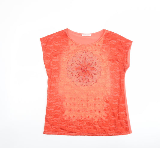 Anna Rose Womens Orange Polyester Basic T-Shirt Size L Round Neck - Lace Front, Floral