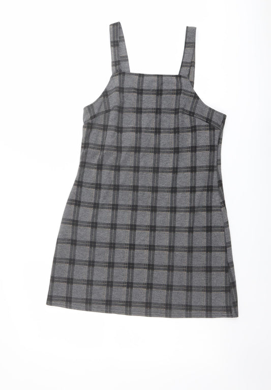 New Look Womens Grey Check Polyester Pinafore/Dungaree Dress Size 8 Square Neck Pullover