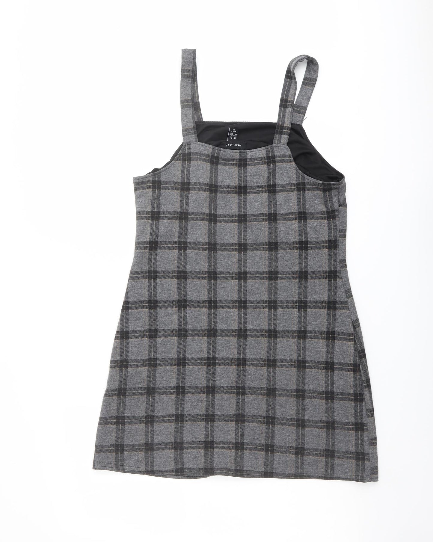 New Look Womens Grey Check Polyester Pinafore/Dungaree Dress Size 8 Square Neck Pullover