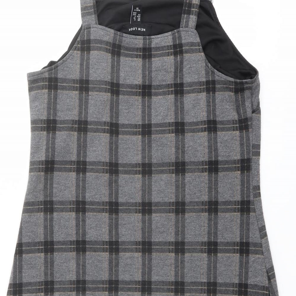 New Look Womens Grey Check Polyester Pinafore/Dungaree Dress Size 8 Square Neck Pullover