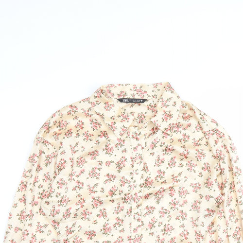Zara Womens Pink Floral Polyester Basic Button-Up Size XS Collared