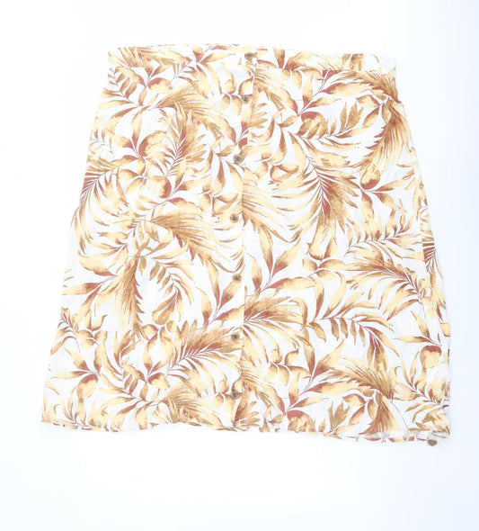 Bonmarché Womens Orange Geometric Polyester A-Line Skirt Size 24 - Leaf pattern