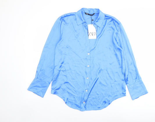 Zara Womens Blue Polyester Basic Button-Up Size S Collared