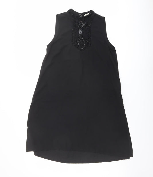 Zara Womens Black Polyester Shift Size XS Mock Neck Button - Mesh Detail