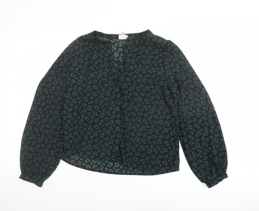 JDY Womens Green Animal Print Polyester Basic Blouse Size 8 V-Neck - Leopard Print