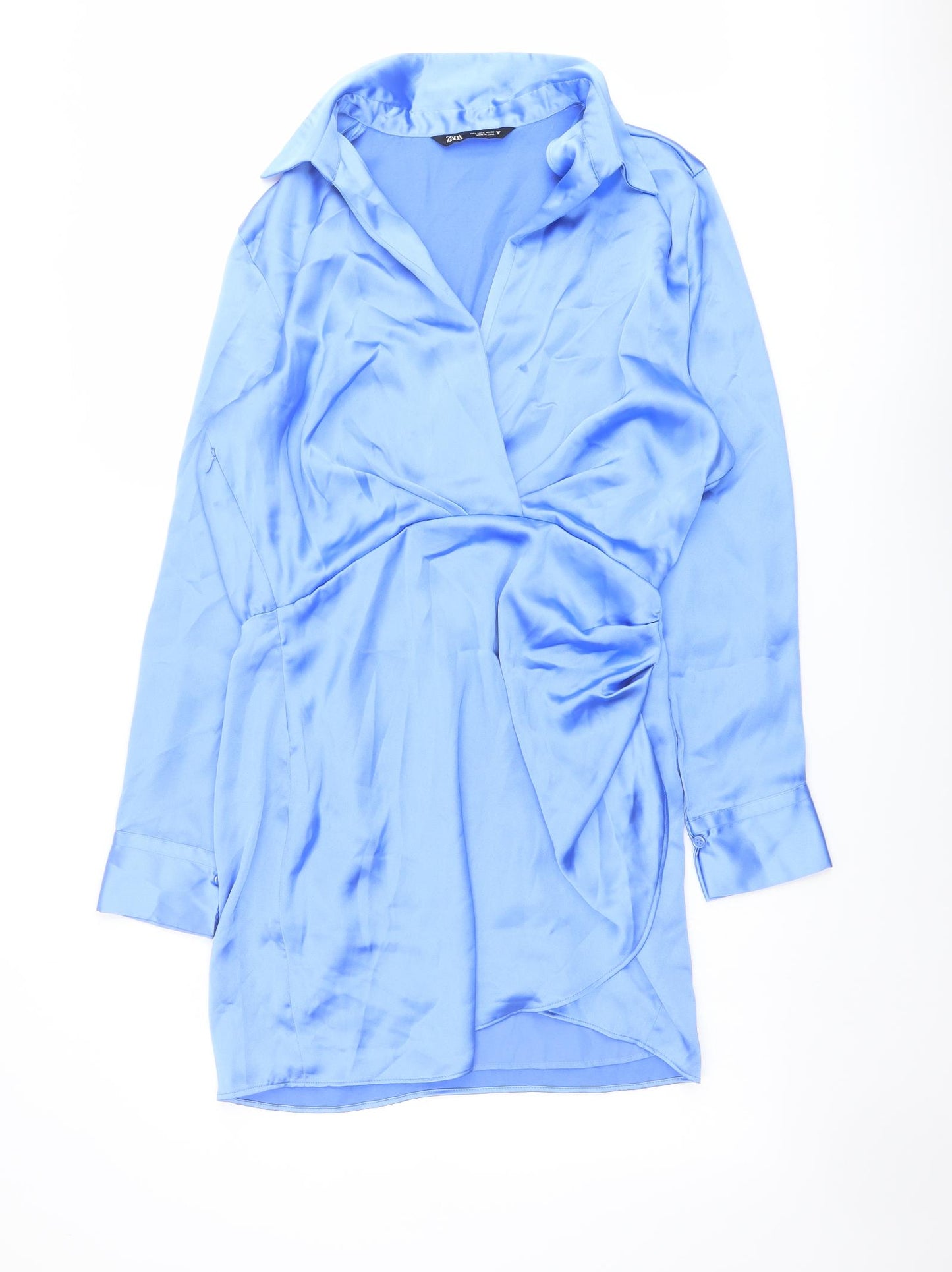 Zara Womens Blue Polyester Shirt Dress Size L Collared Zip