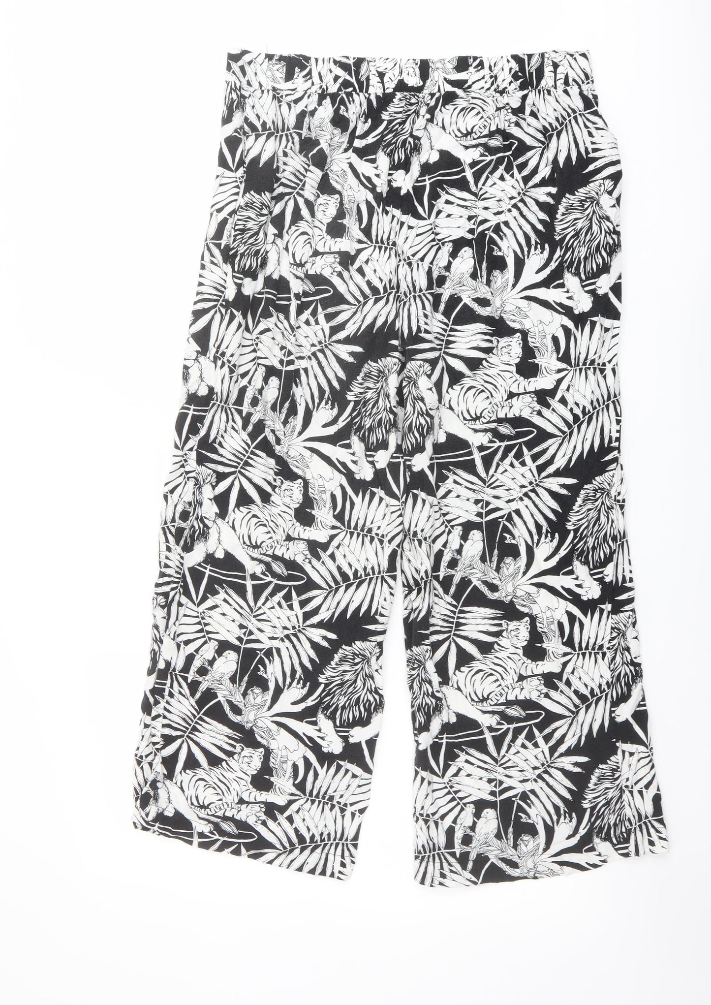 Warehouse Womens Black Geometric Viscose Trousers Size 14 L24 in Regular - Tiger & Leaf Print