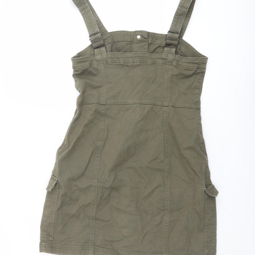 H&M Womens Green Cotton Pinafore/Dungaree Dress Size 14 Square Neck Button