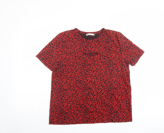 Zara Womens Red Animal Print Polyester Basic T-Shirt Size M Round Neck