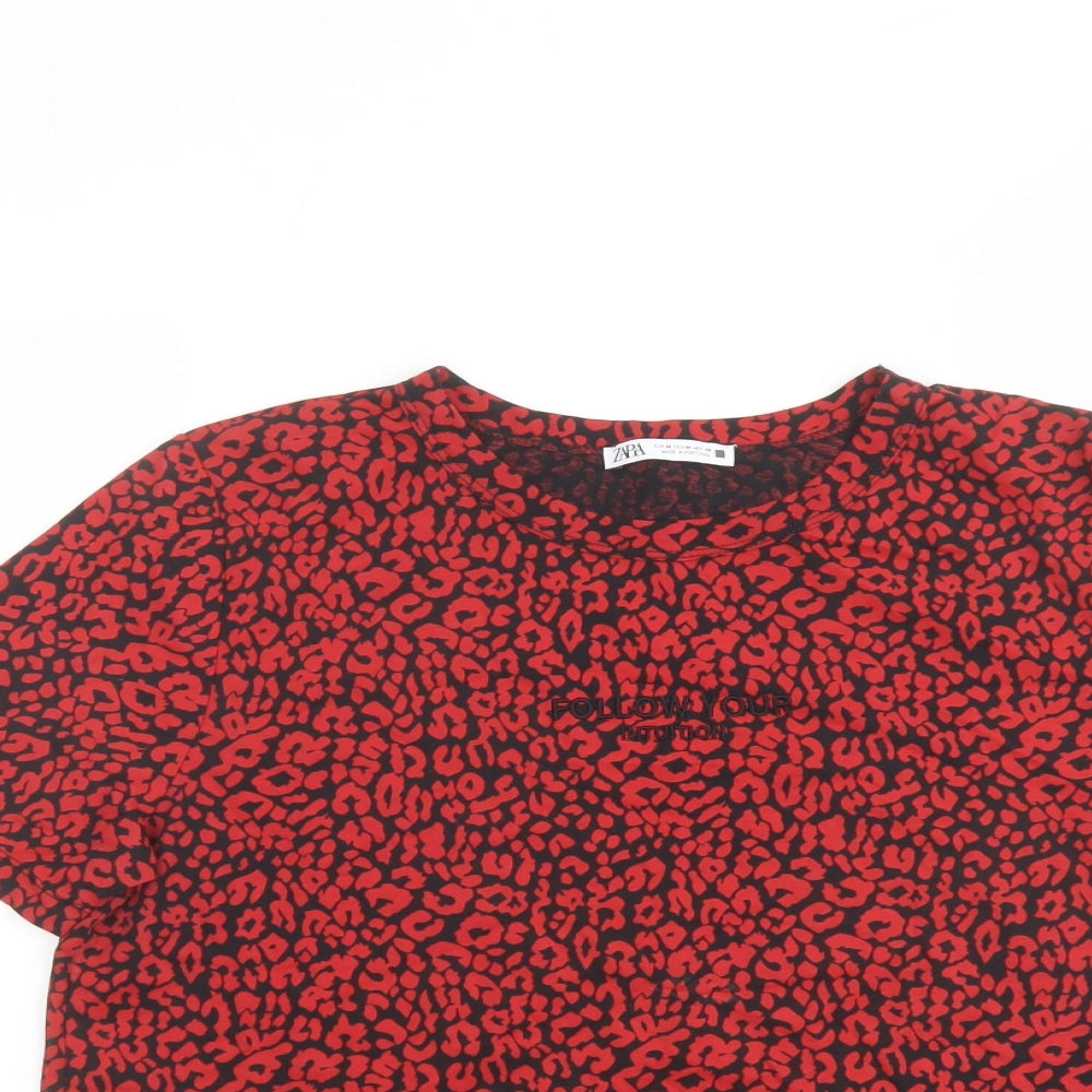Zara Womens Red Animal Print Polyester Basic T-Shirt Size M Round Neck
