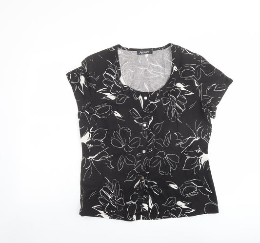 Alexara Womens Black Floral Linen Basic T-Shirt Size L Round Neck