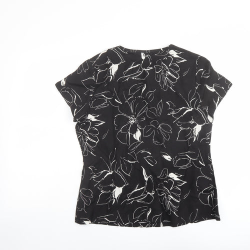 Alexara Womens Black Floral Linen Basic T-Shirt Size L Round Neck