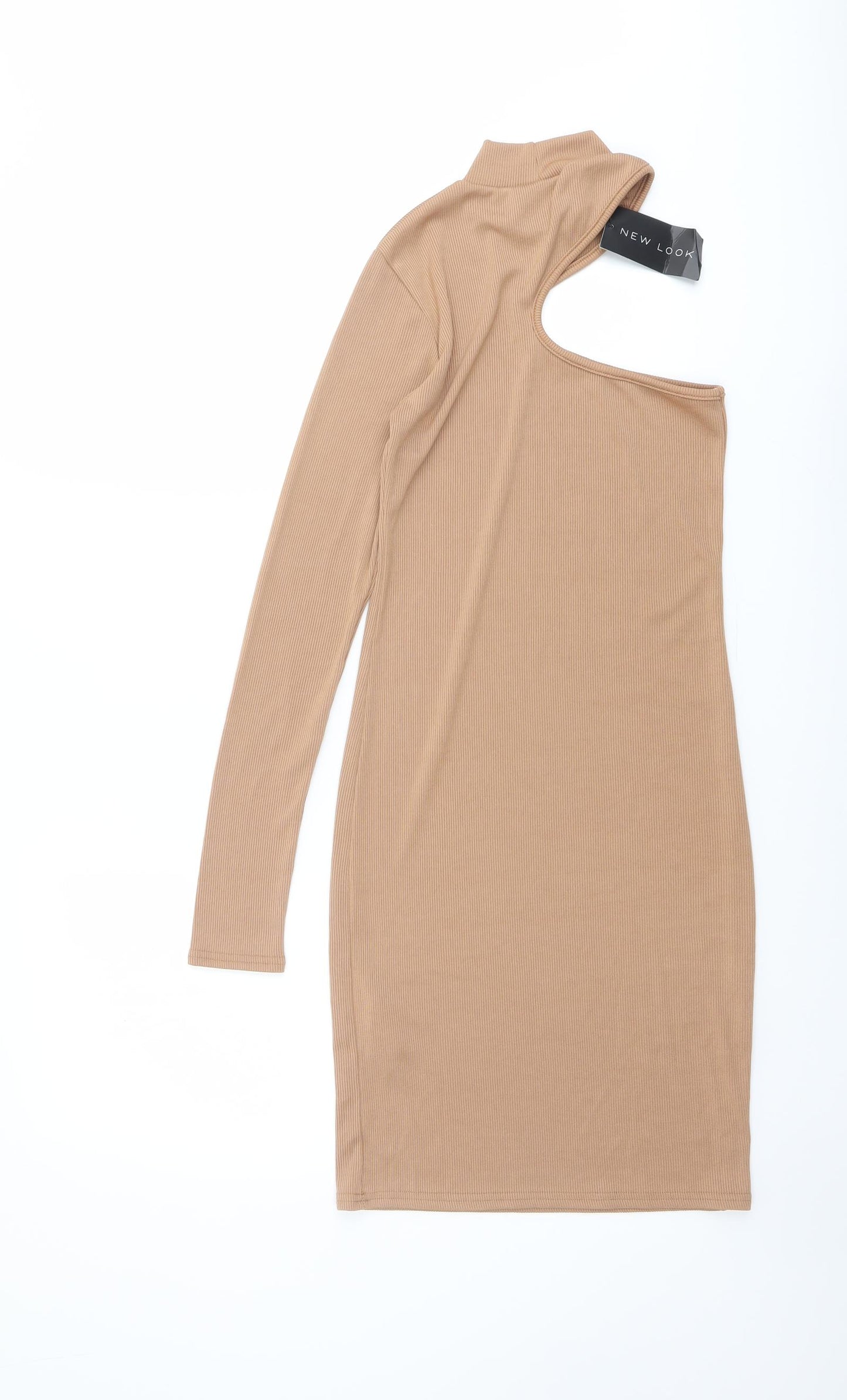 New Look Womens Beige Polyester Bodycon Size 6 One Shoulder Pullover