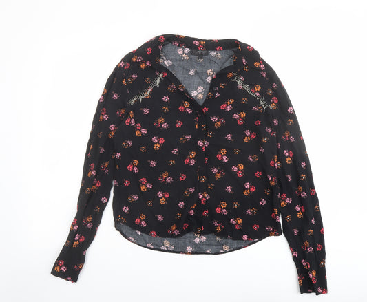 Topshop Womens Black Floral Viscose Basic Button-Up Size 10 Collared
