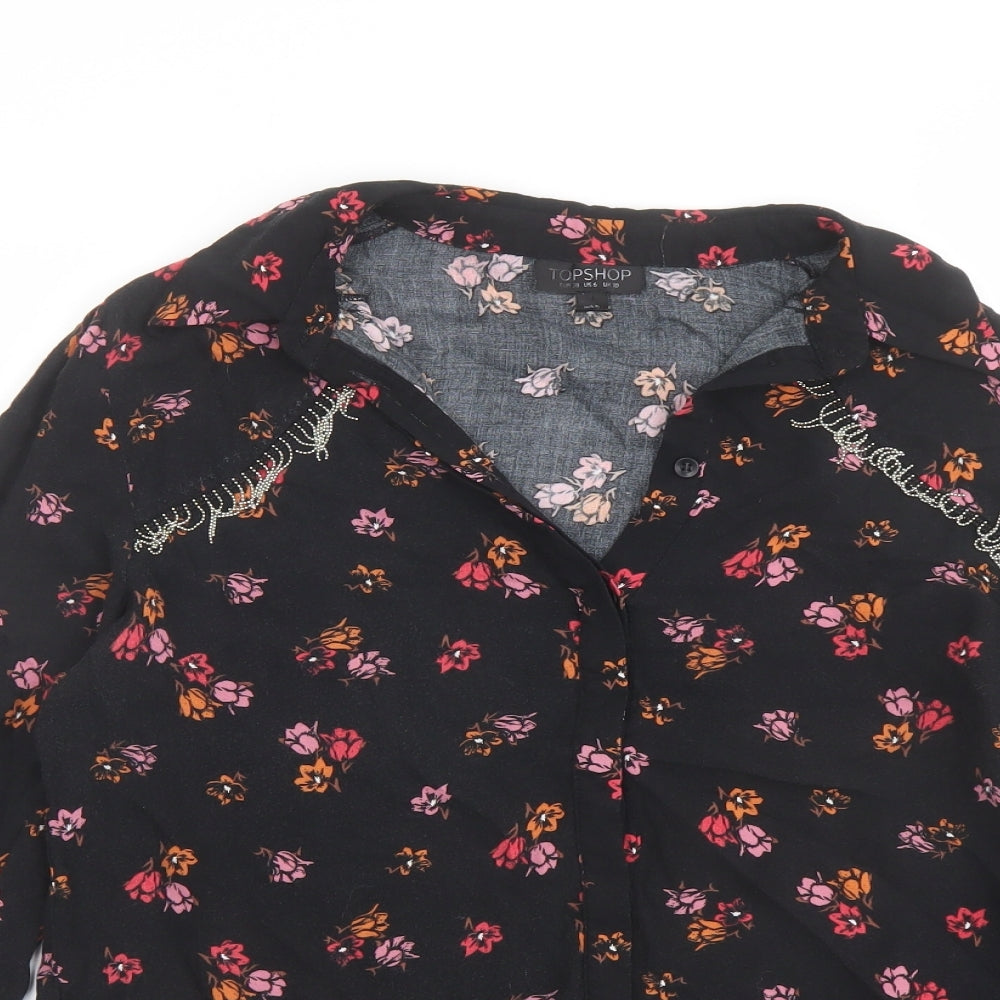 Topshop Womens Black Floral Viscose Basic Button-Up Size 10 Collared