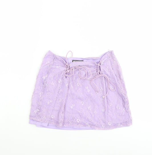 PRETTYLITTLETHING Womens Purple Polyester Mini Skirt Size 12 Zip - Lace Overlay. Tie Details