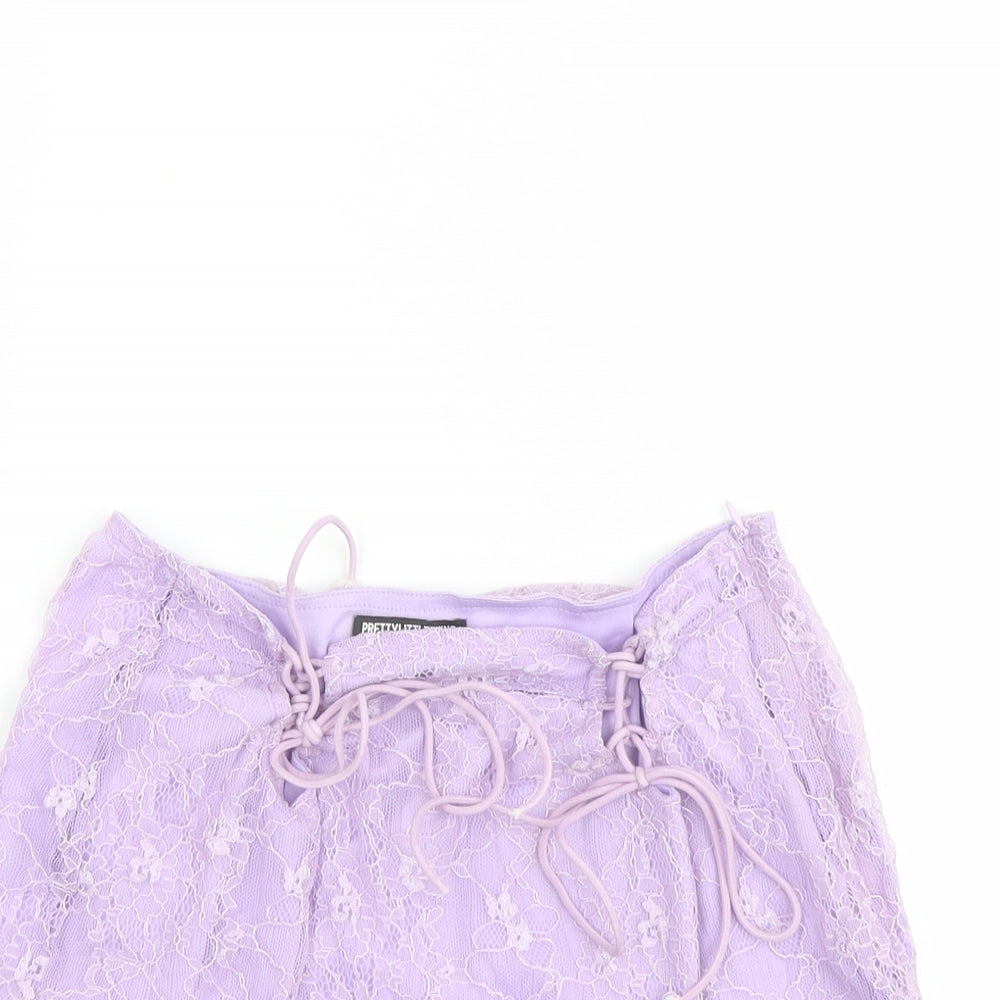 PRETTYLITTLETHING Womens Purple Polyester Mini Skirt Size 12 Zip - Lace Overlay. Tie Details