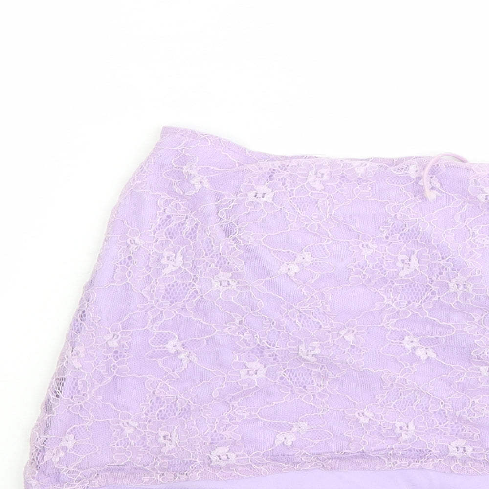 PRETTYLITTLETHING Womens Purple Polyester Mini Skirt Size 12 Zip - Lace Overlay. Tie Details