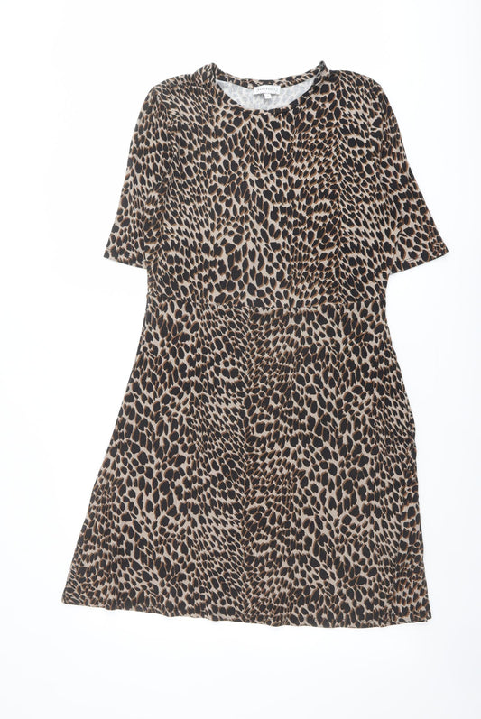 Warehouse Womens Brown Animal Print Viscose A-Line Size 14 Round Neck Pullover - Leopard pattern