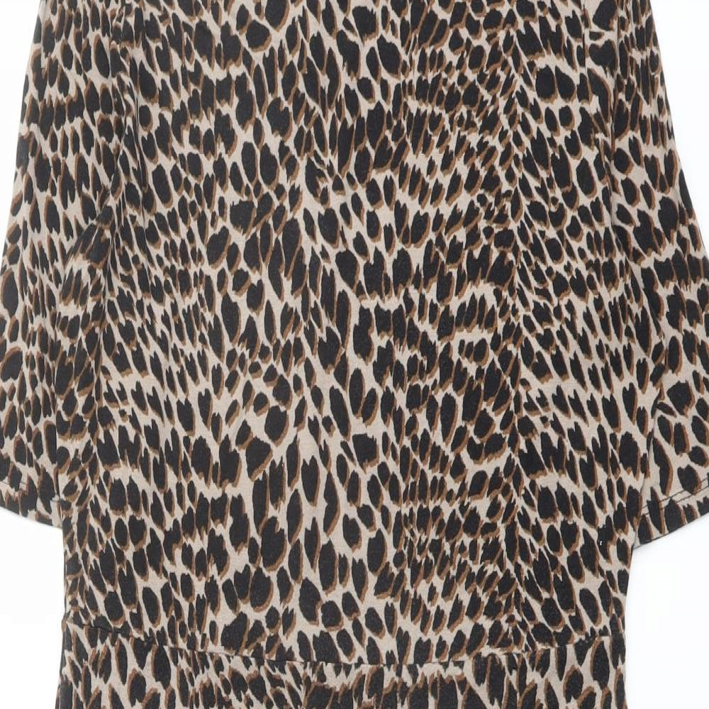 Warehouse Womens Brown Animal Print Viscose A-Line Size 14 Round Neck Pullover - Leopard pattern