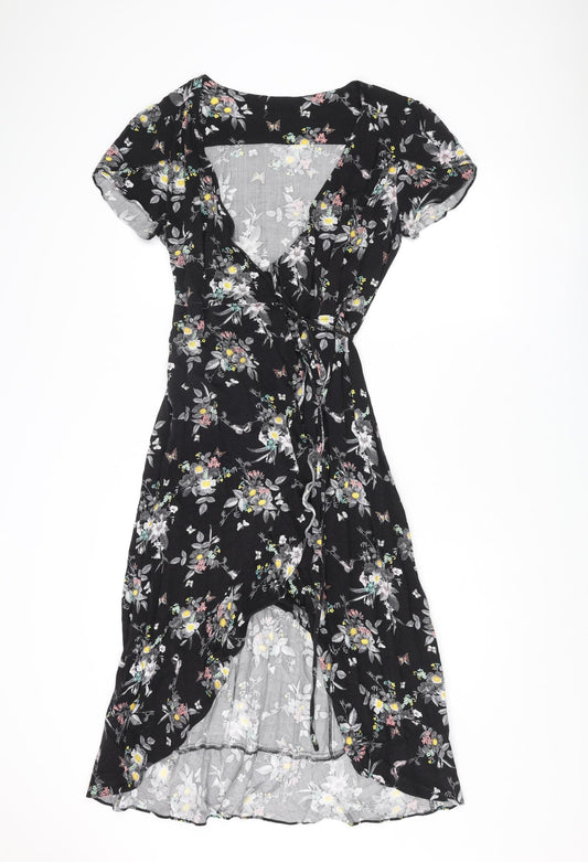 Oasis Womens Black Floral Viscose Wrap Dress Size 12 V-Neck Tie