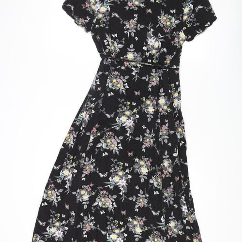 Oasis Womens Black Floral Viscose Wrap Dress Size 12 V-Neck Tie