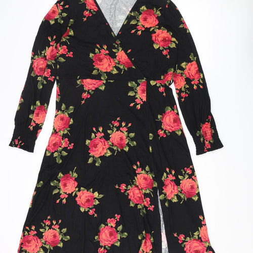 M&Co Womens Black Floral Viscose A-Line Size 14 V-Neck Pullover