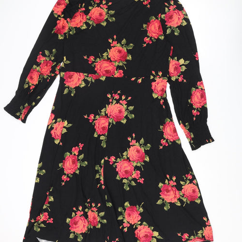 M&Co Womens Black Floral Viscose A-Line Size 14 V-Neck Pullover