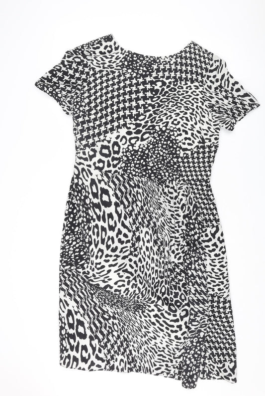 Jaeger Womens Black Animal Print Silk Shift Size 14 Round Neck Zip - Leopard pattern