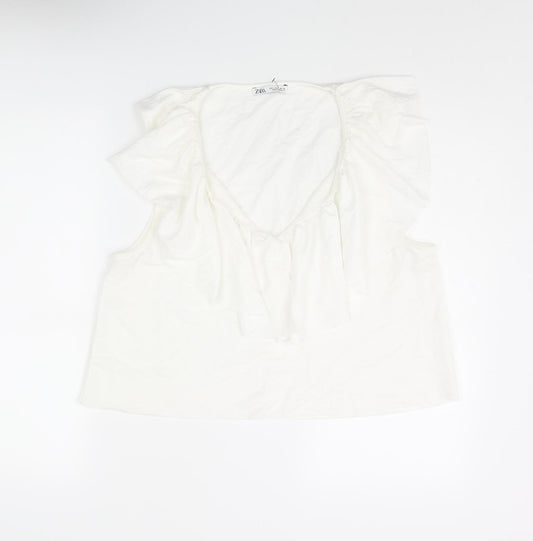 Zara Womens White Polyester Camisole Blouse Size L V-Neck - Frill
