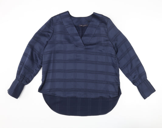 Marks and Spencer Womens Blue Check Polyester Basic Blouse Size 12 V-Neck