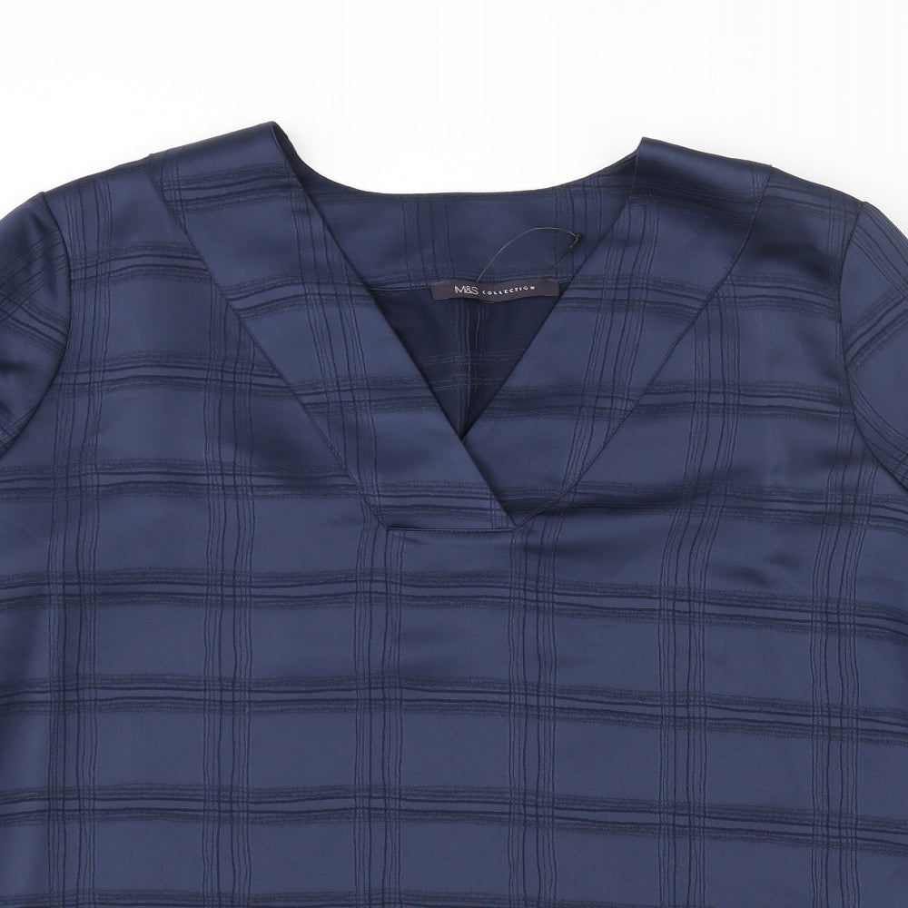 Marks and Spencer Womens Blue Check Polyester Basic Blouse Size 12 V-Neck