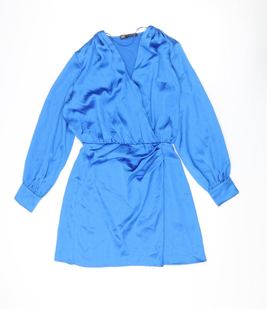 Zara Womens Blue Viscose Wrap Dress Size XS V-Neck Zip