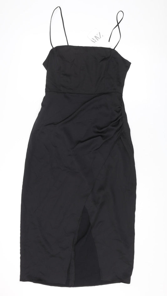 Zara Womens Black Polyester Slip Dress Size L Square Neck Zip