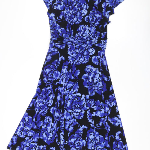 Evan Picone Womens Blue Floral Polyester Fit & Flare Size 12 V-Neck Zip - Knot Detail