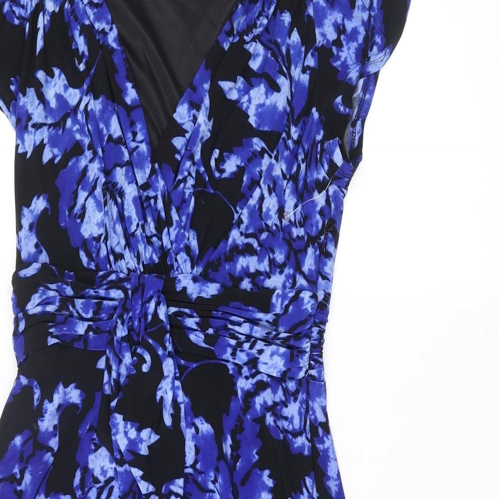 Evan Picone Womens Blue Floral Polyester Fit & Flare Size 12 V-Neck Zip - Knot Detail