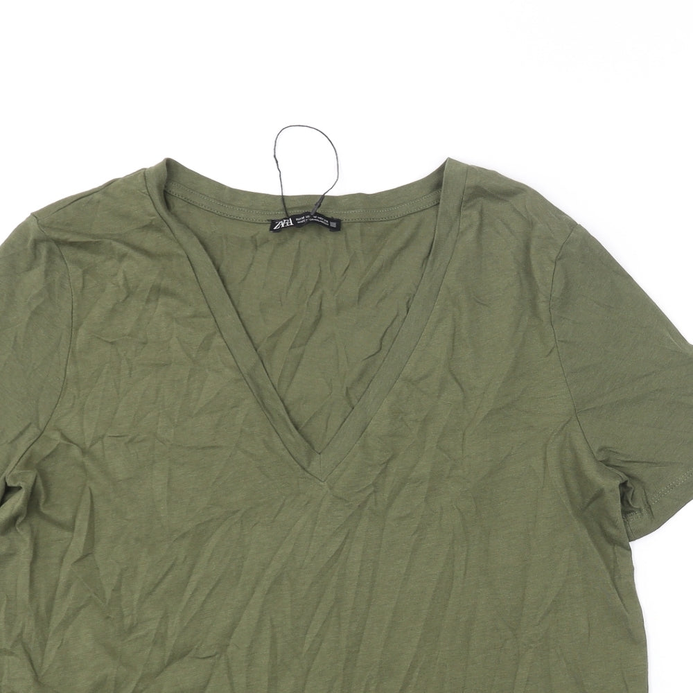 Zara Womens Green Polyester Basic T-Shirt Size M V-Neck