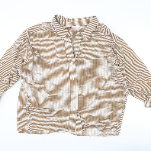 Zara Womens Brown Striped Polyester Basic Button-Up Size S Collared