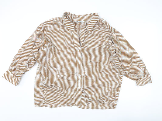 Zara Womens Brown Striped Polyester Basic Button-Up Size S Collared