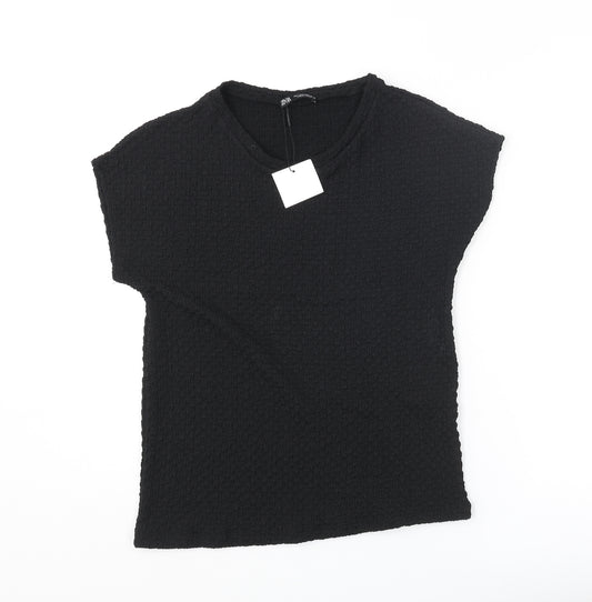 Zara Womens Black Polyester Basic T-Shirt Size L Scoop Neck