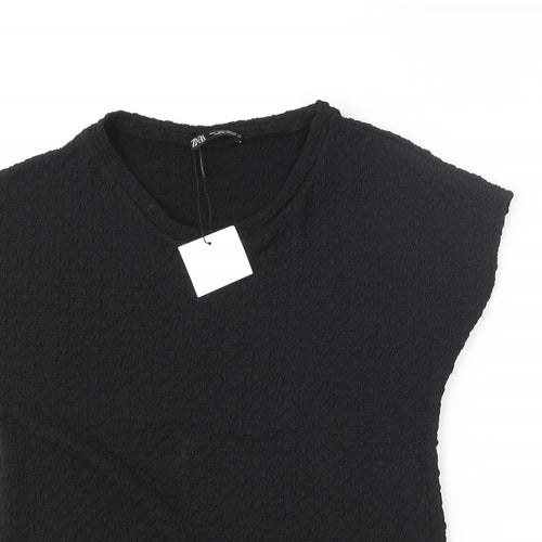 Zara Womens Black Polyester Basic T-Shirt Size L Scoop Neck