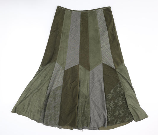 Per Una Womens Green Geometric Polyester A-Line Skirt Size 12 Zip - Herringbone, Plaid and Floral Patterns. Corduroy Fabric