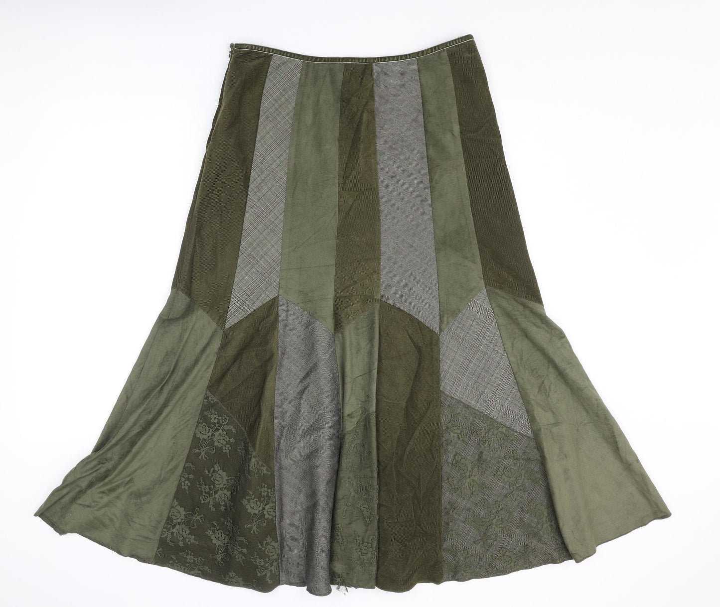 Per Una Womens Green Geometric Polyester A-Line Skirt Size 12 Zip - Herringbone, Plaid and Floral Patterns. Corduroy Fabric