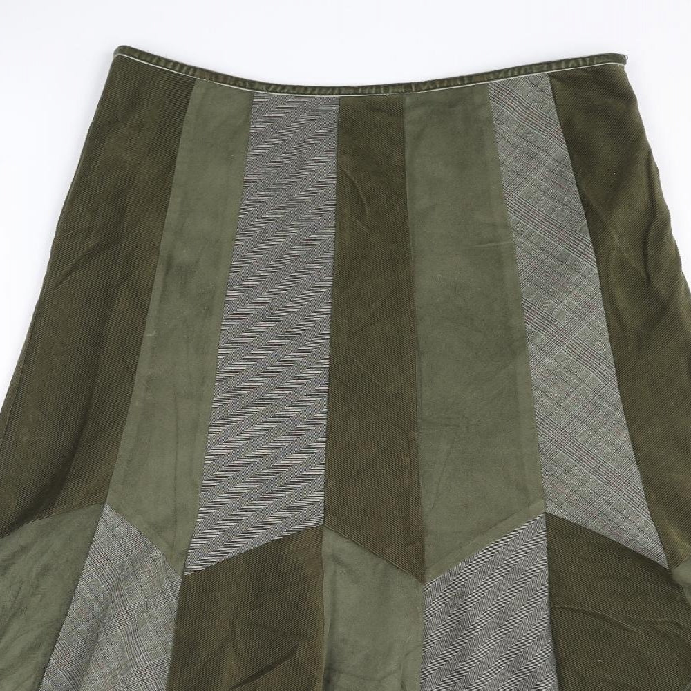 Per Una Womens Green Geometric Polyester A-Line Skirt Size 12 Zip - Herringbone, Plaid and Floral Patterns. Corduroy Fabric