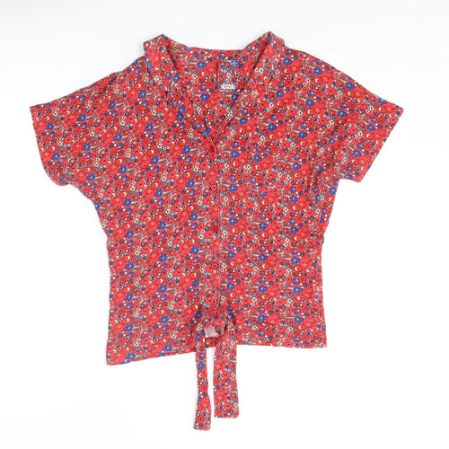 NEXT Womens Red Floral Cotton Basic Button-Up Size 8 Collared - Knot Front
