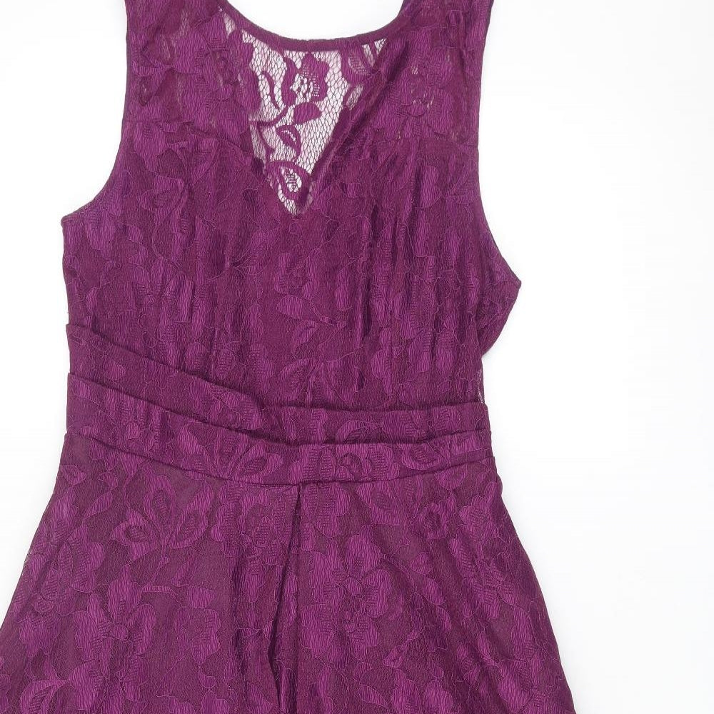Jolie Moi Womens Purple Nylon A-Line Size 14 V-Neck Zip - Floral Lace
