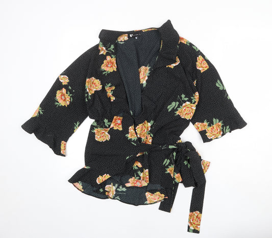 Very Womens Black Floral Polyester Wrap Blouse Size 10 Boat Neck