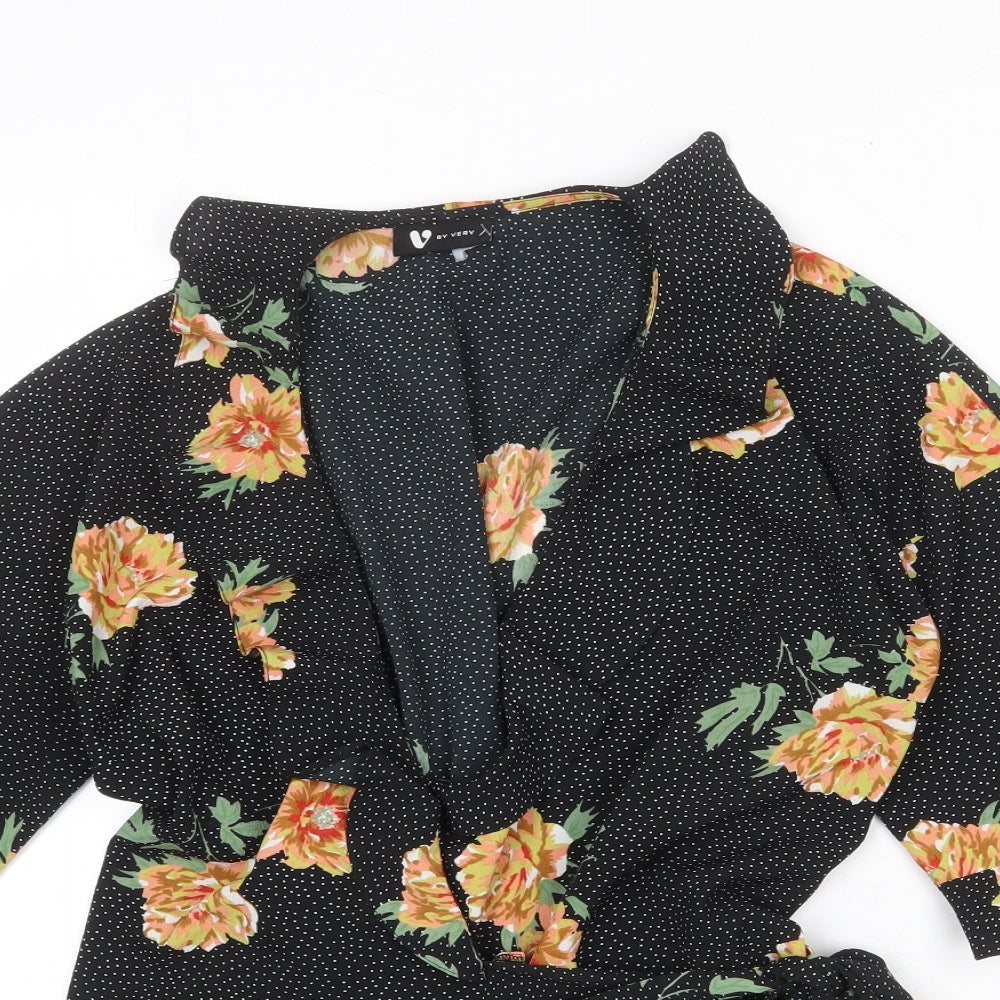 Very Womens Black Floral Polyester Wrap Blouse Size 10 Boat Neck