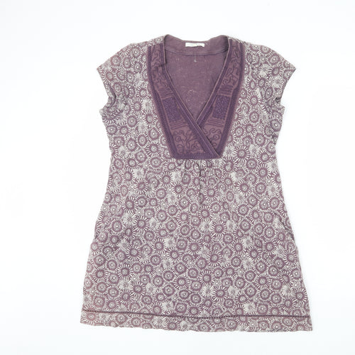White Stuff Womens Purple Geometric 100% Cotton Basic T-Shirt Size 14 V-Neck