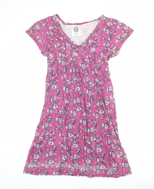 MANTARAY PRODUCTS Womens Purple Floral 100% Cotton T-Shirt Dress Size 14 V-Neck Pullover